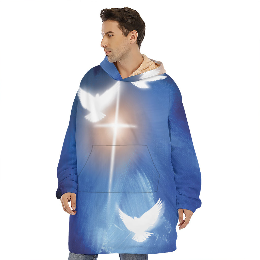 Christian Cross And White Doves Print Hoodie Blanket