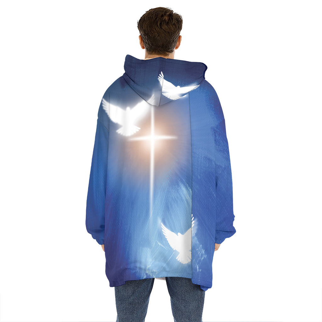 Christian Cross And White Doves Print Hoodie Blanket