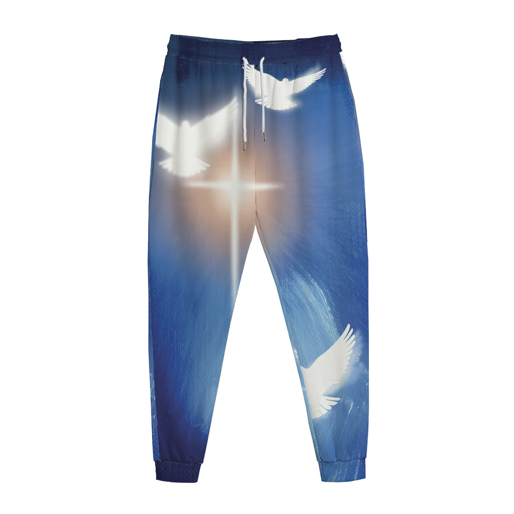 Christian Cross And White Doves Print Jogger Pants