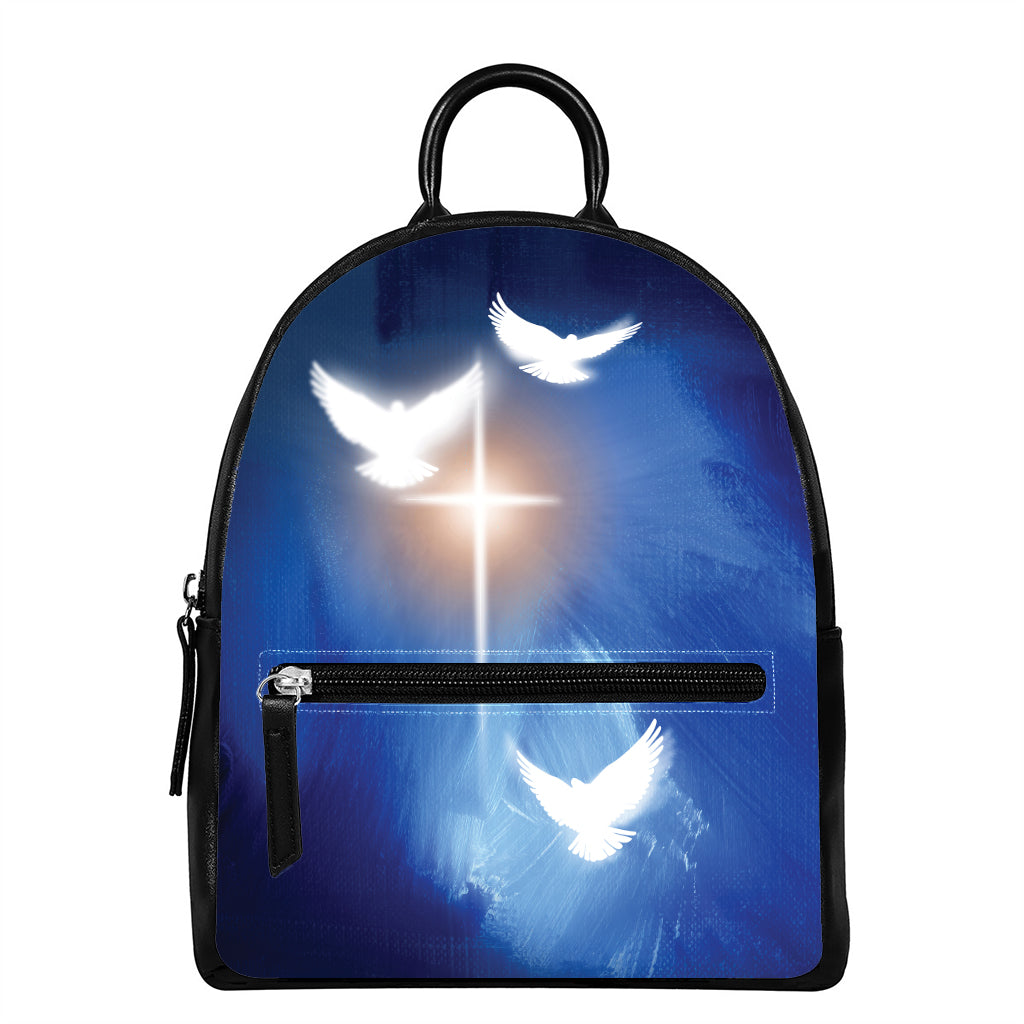 Christian Cross And White Doves Print Leather Backpack