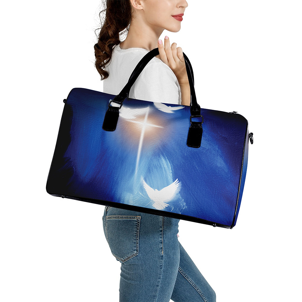 Christian Cross And White Doves Print Leather Duffle Bag