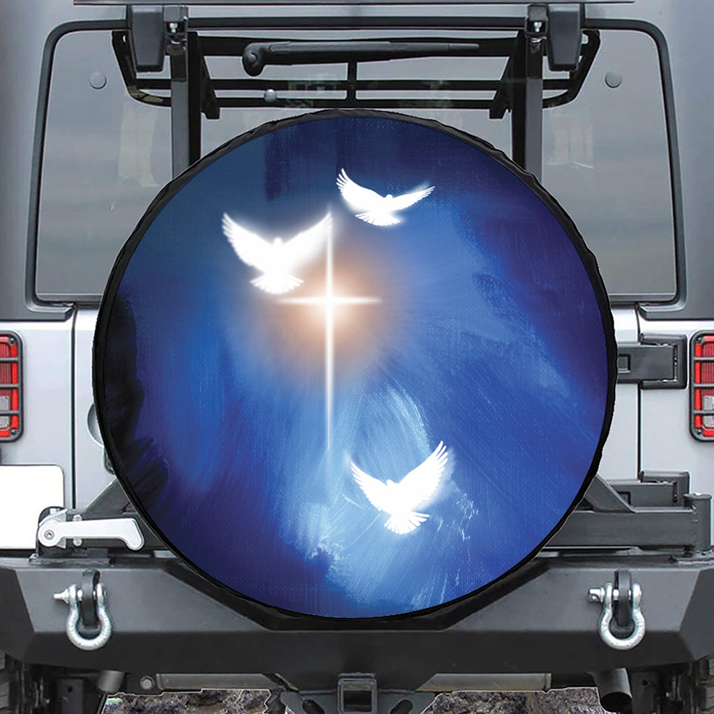 Christian Cross And White Doves Print Leather Spare Tire Cover