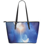 Christian Cross And White Doves Print Leather Tote Bag