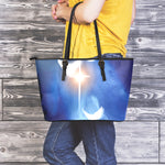 Christian Cross And White Doves Print Leather Tote Bag