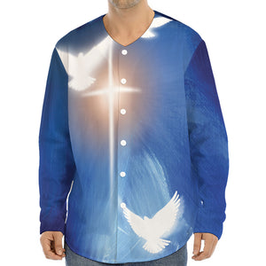 Christian Cross And White Doves Print Long Sleeve Baseball Jersey