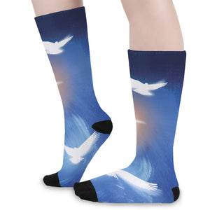 Christian Cross And White Doves Print Long Socks