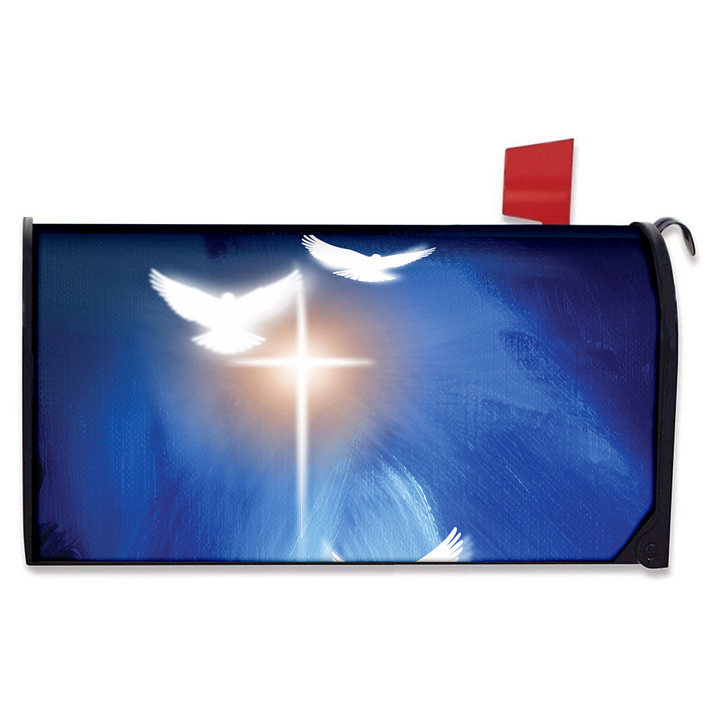 Christian Cross And White Doves Print Mailbox Cover