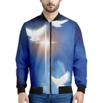 Christian Cross And White Doves Print Men's Bomber Jacket