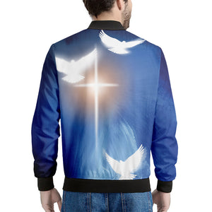 Christian Cross And White Doves Print Men's Bomber Jacket