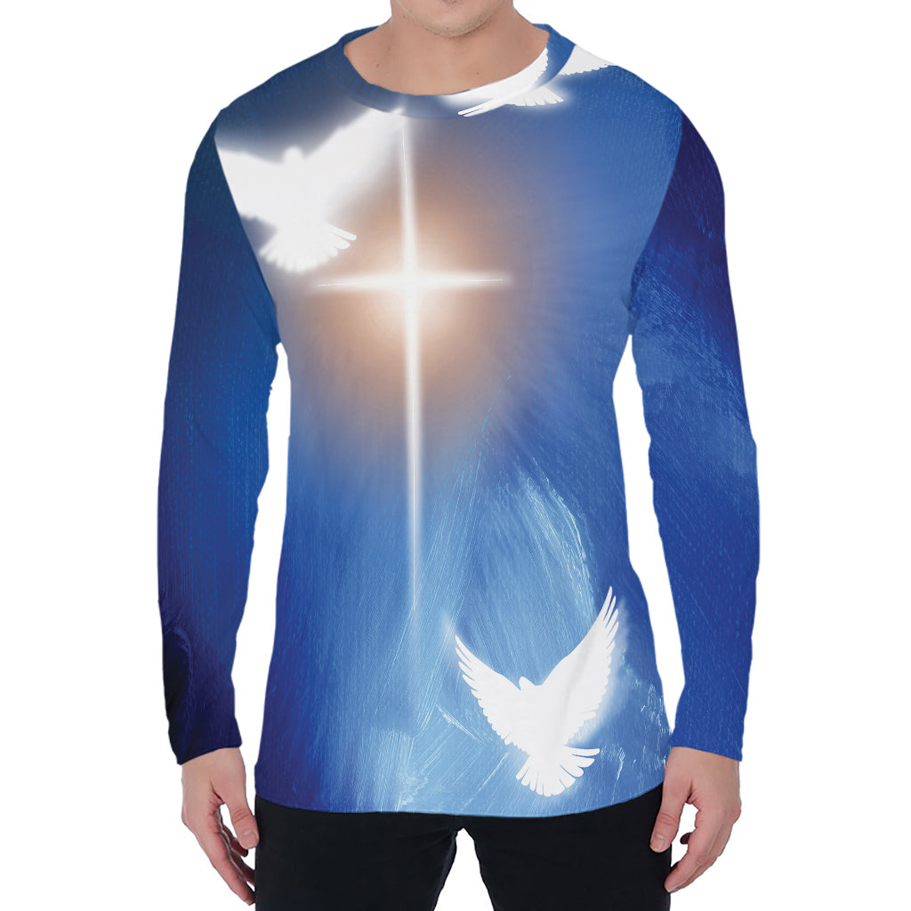 Christian Cross And White Doves Print Men's Long Sleeve T-Shirt