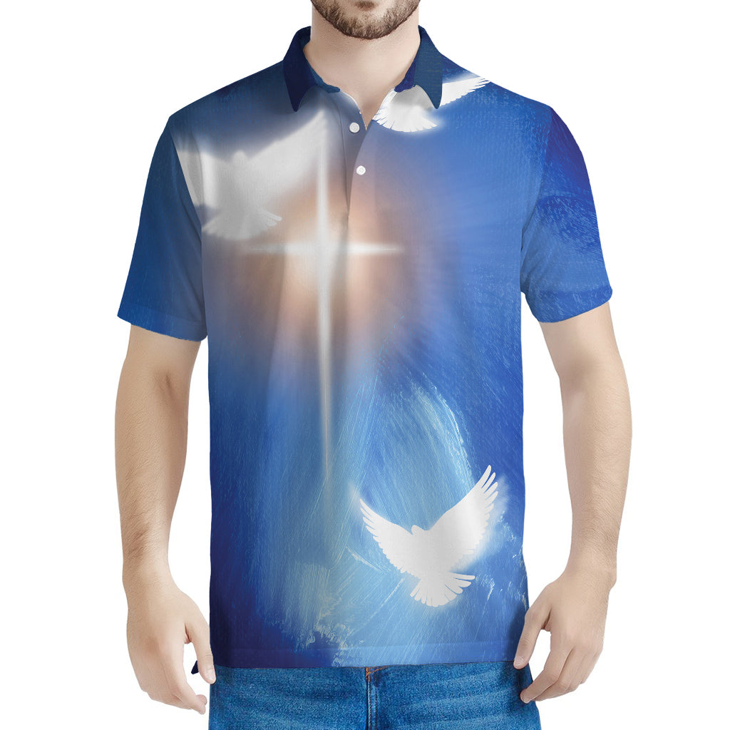 Christian Cross And White Doves Print Men's Polo Shirt