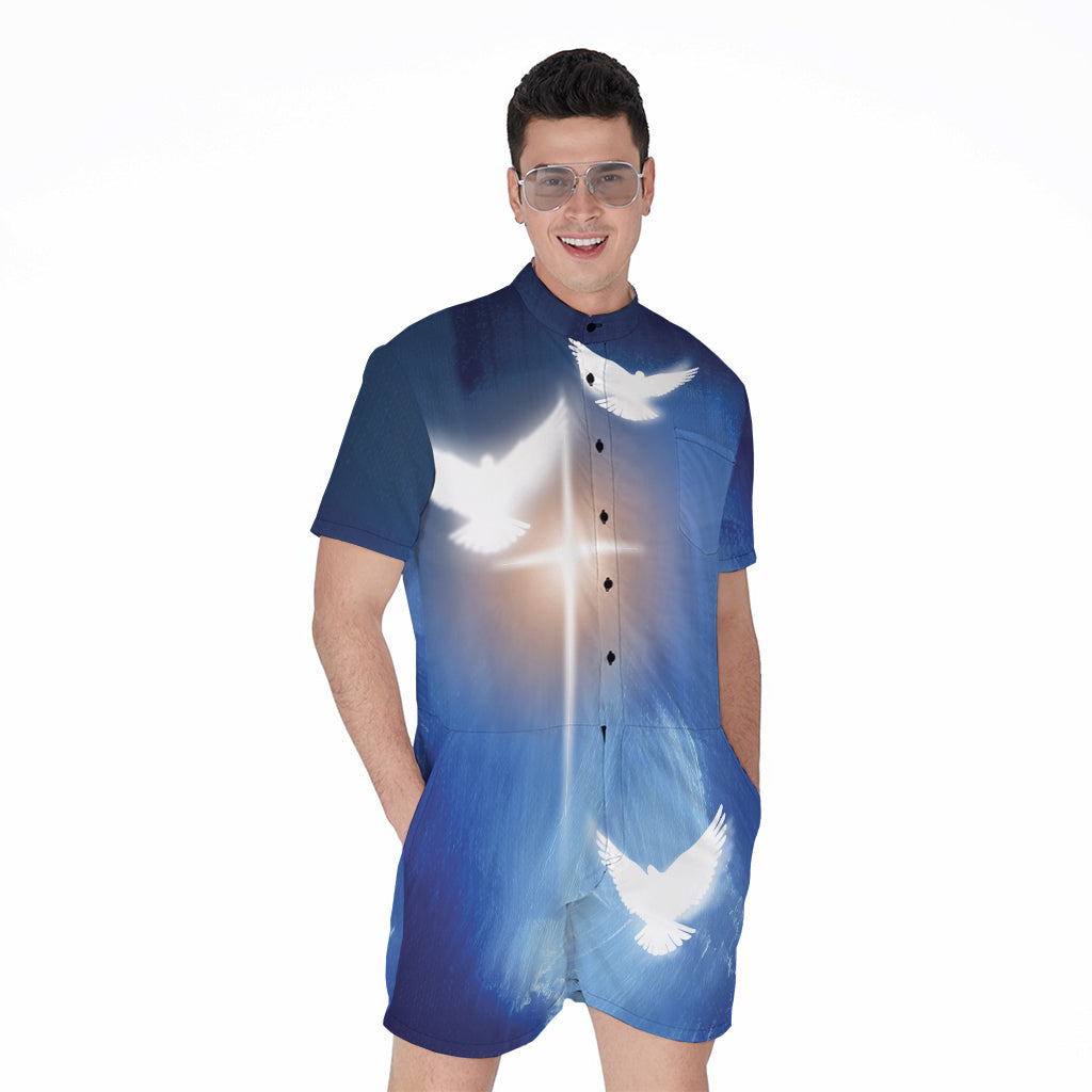 Christian Cross And White Doves Print Men's Rompers