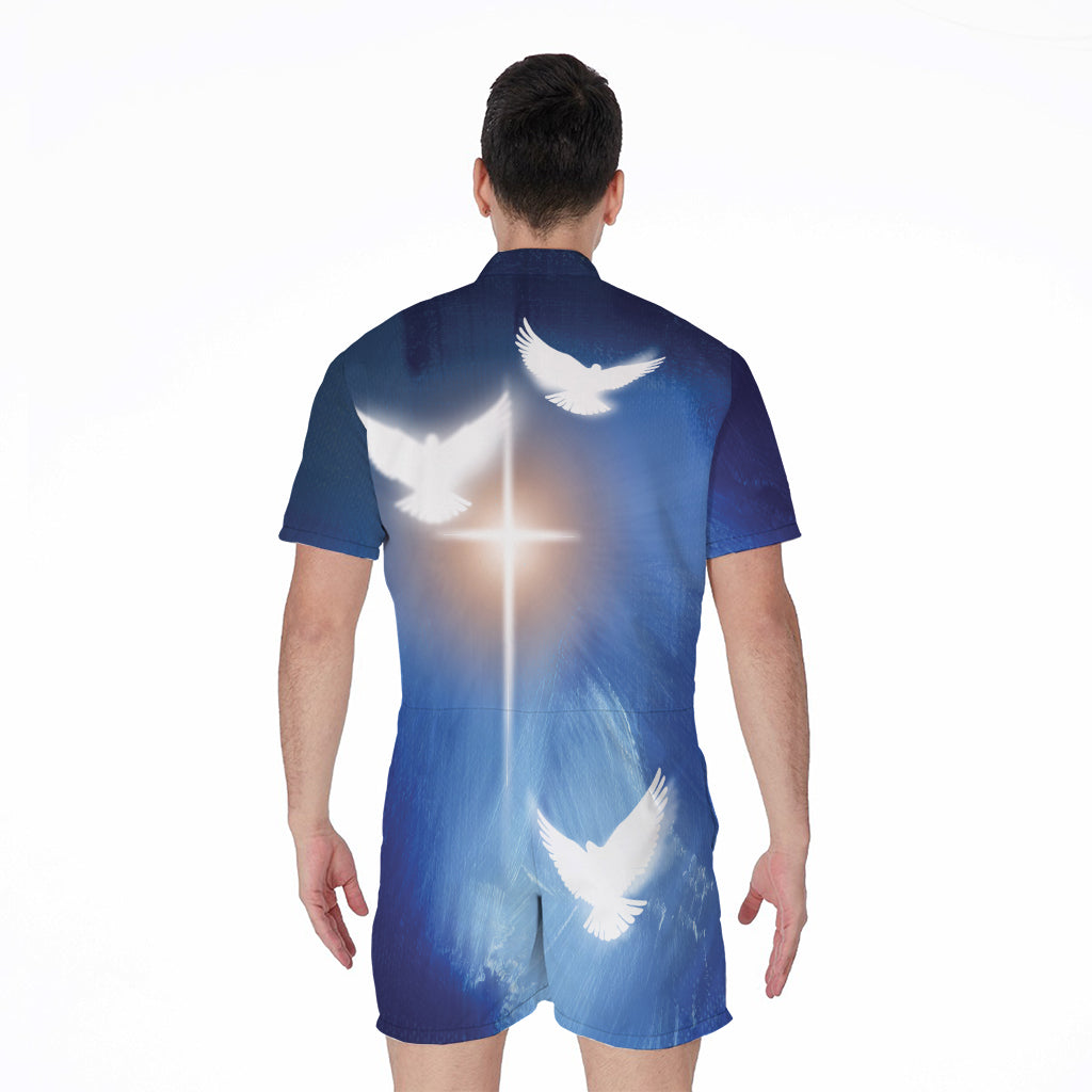 Christian Cross And White Doves Print Men's Rompers