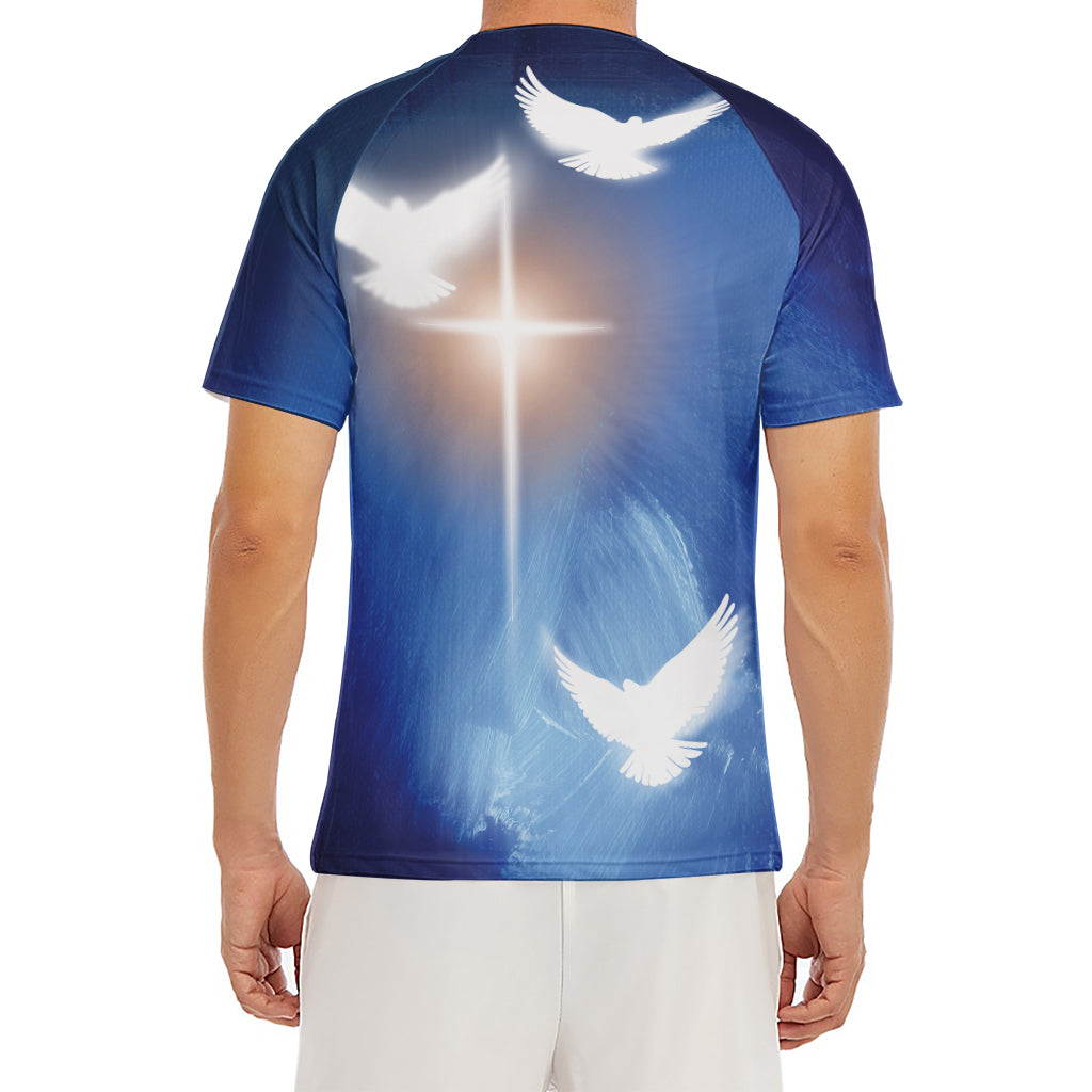 Christian Cross And White Doves Print Men's Short Sleeve Rash Guard