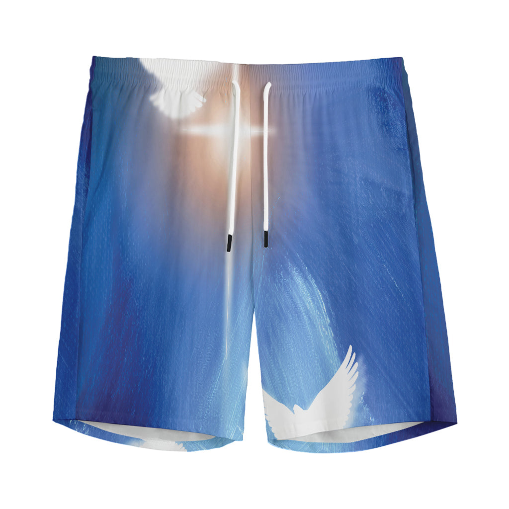 Christian Cross And White Doves Print Men's Sports Shorts