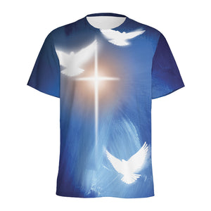 Christian Cross And White Doves Print Men's Sports T-Shirt