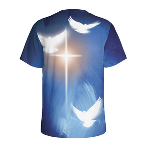 Christian Cross And White Doves Print Men's Sports T-Shirt