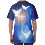 Christian Cross And White Doves Print Men's Velvet T-Shirt