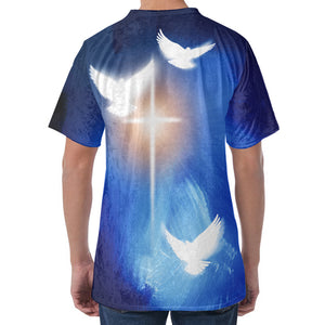 Christian Cross And White Doves Print Men's Velvet T-Shirt