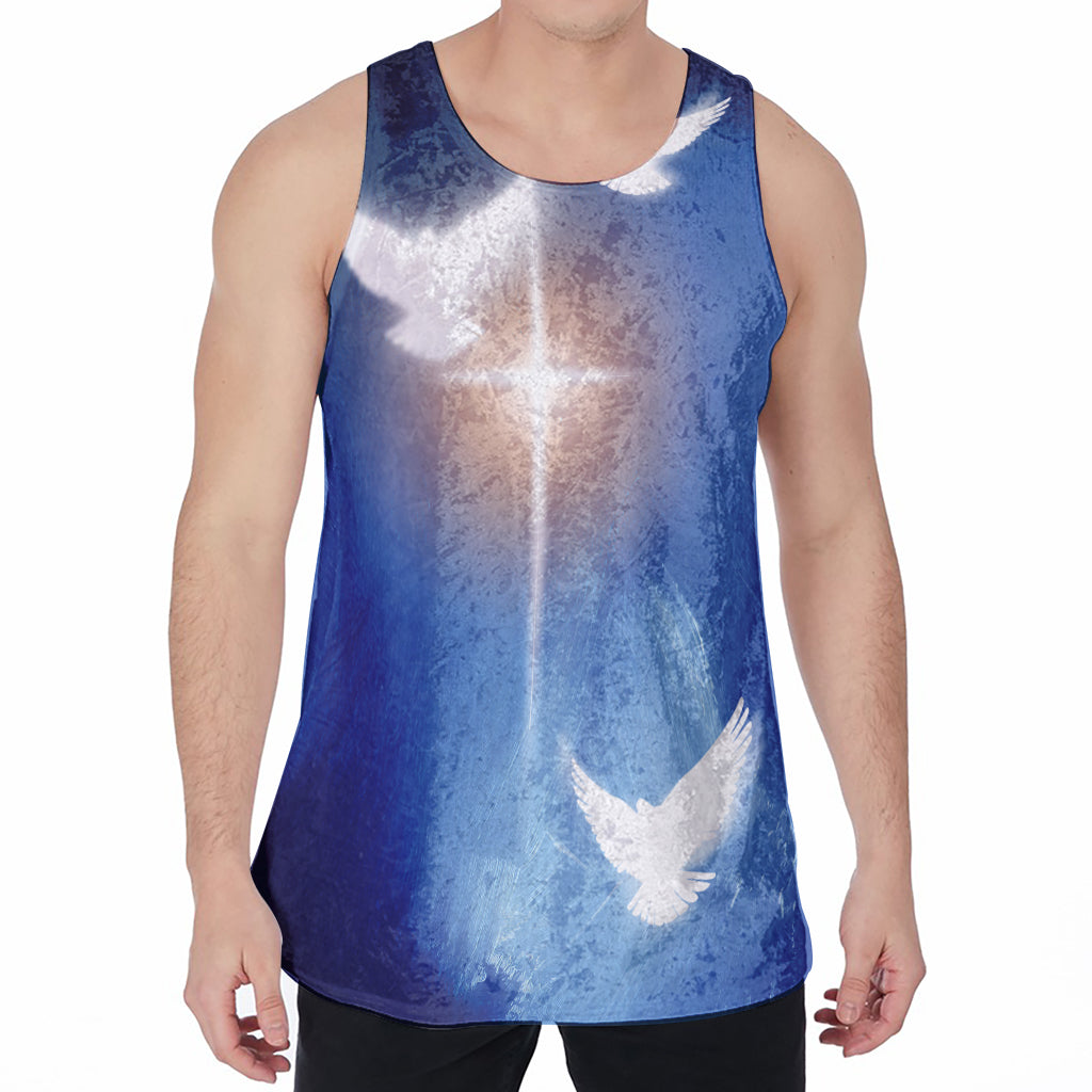 Christian Cross And White Doves Print Men's Velvet Tank Top