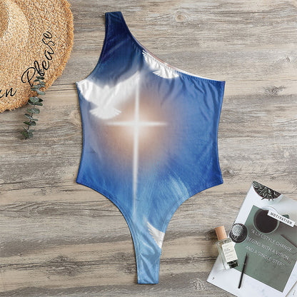 Christian Cross And White Doves Print One Shoulder Bodysuit