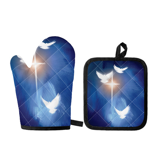 Christian Cross And White Doves Print Oven Mitt And Pot Holder Set