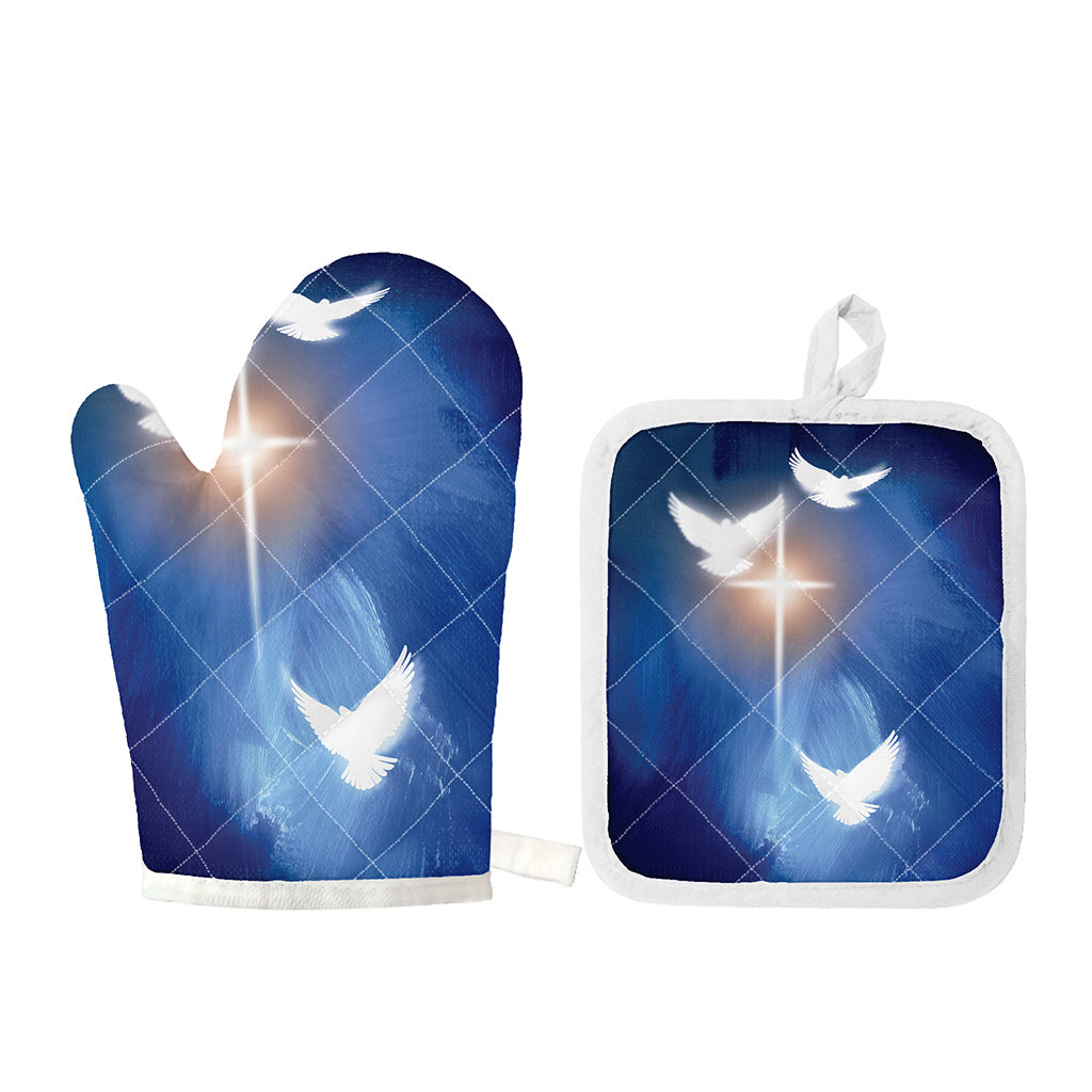 Christian Cross And White Doves Print Oven Mitt And Pot Holder Set