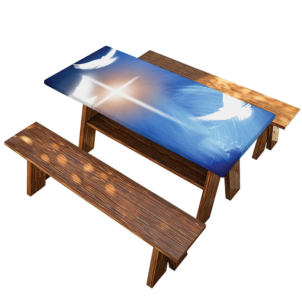 Christian Cross And White Doves Print Picnic Table Cover