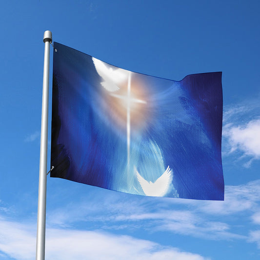 Christian Cross And White Doves Print Polyester Flag
