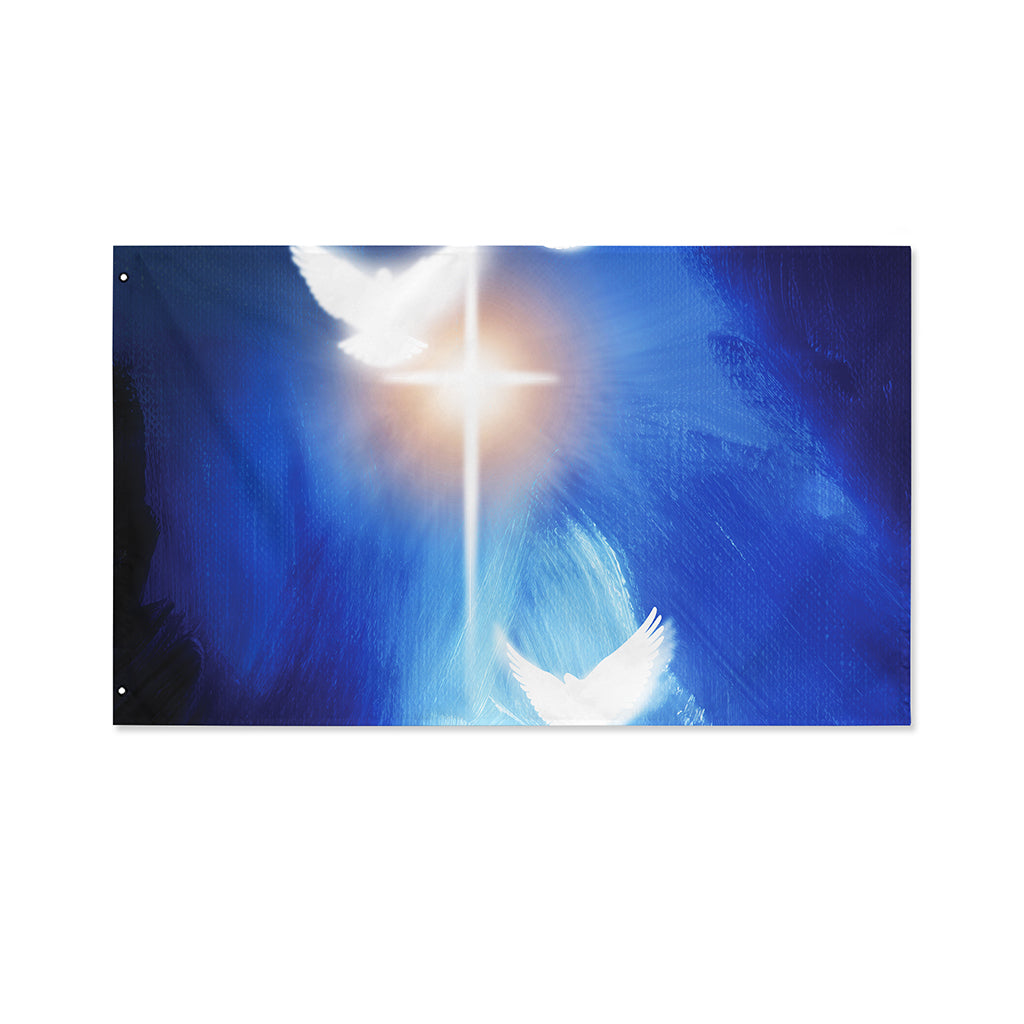 Christian Cross And White Doves Print Polyester Flag