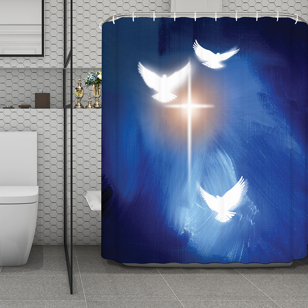 Christian Cross And White Doves Print Polyester Shower Curtain