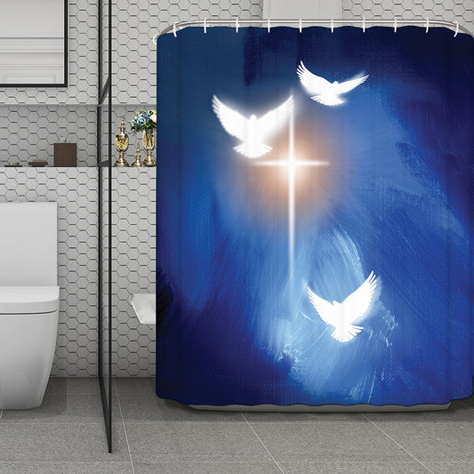 Christian Cross And White Doves Print Polyester Shower Curtain