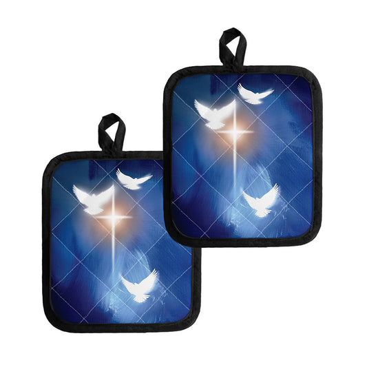 Christian Cross And White Doves Print Pot Holders