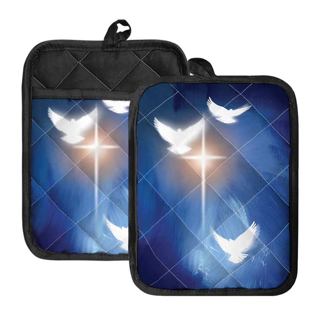 Christian Cross And White Doves Print Pot Holders With Pocket