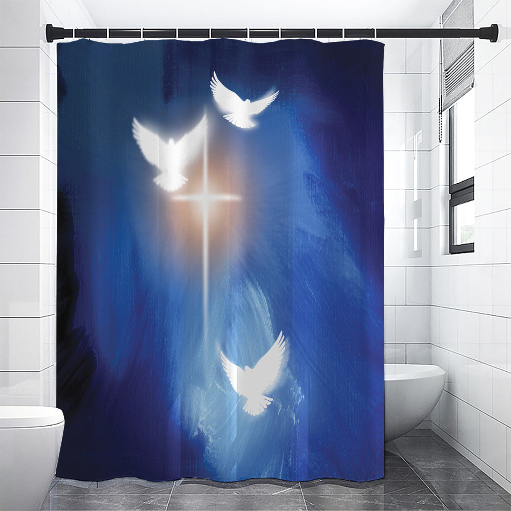 Christian Cross And White Doves Print Premium Shower Curtain