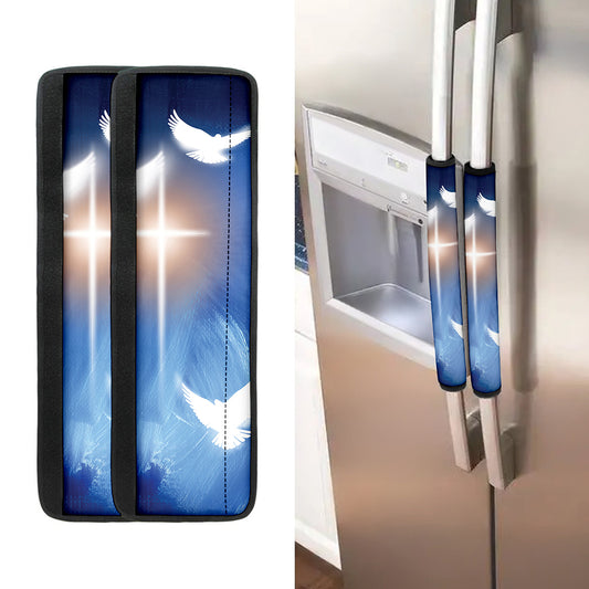 Christian Cross And White Doves Print Refrigerator Handle Covers