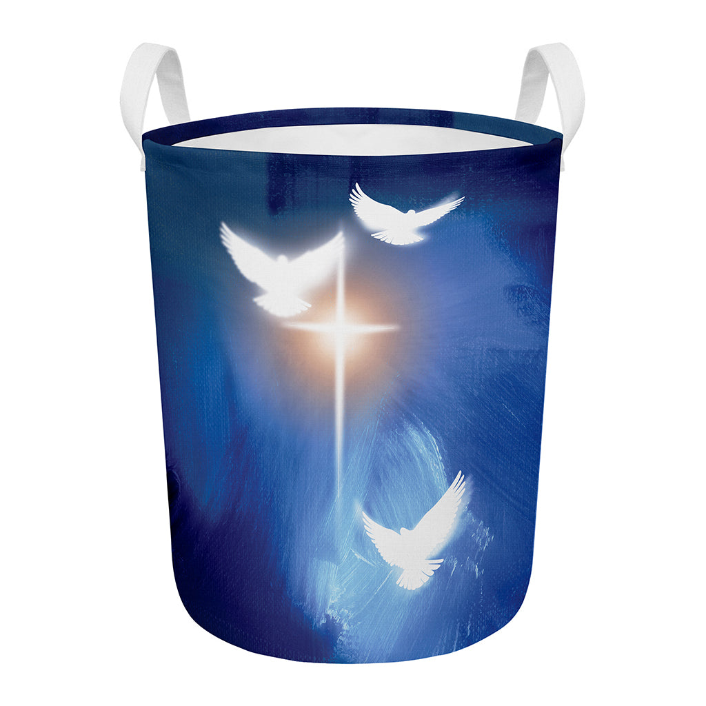 Christian Cross And White Doves Print Round Laundry Basket