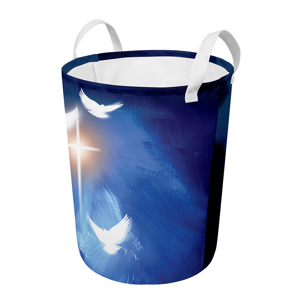 Christian Cross And White Doves Print Round Laundry Basket
