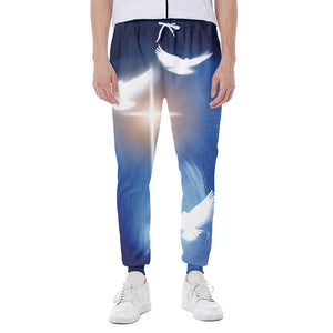 Christian Cross And White Doves Print Scuba Joggers