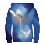 Christian Cross And White Doves Print Sherpa Lined Zip Up Hoodie