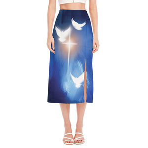 Christian Cross And White Doves Print Side Slit Midi Skirt