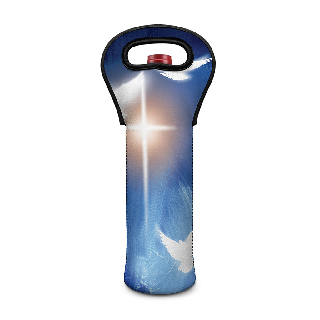 Christian Cross And White Doves Print Single Neoprene Wine Tote