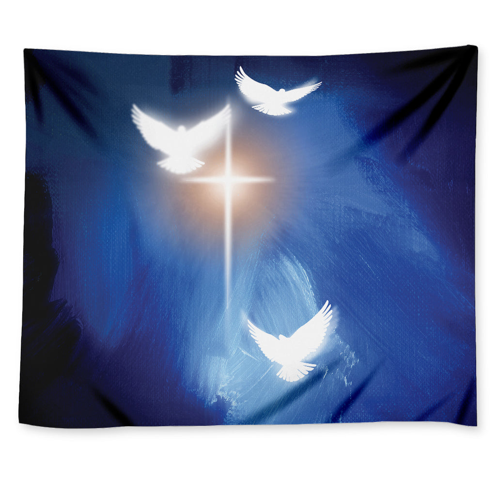 Christian Cross And White Doves Print Tapestry