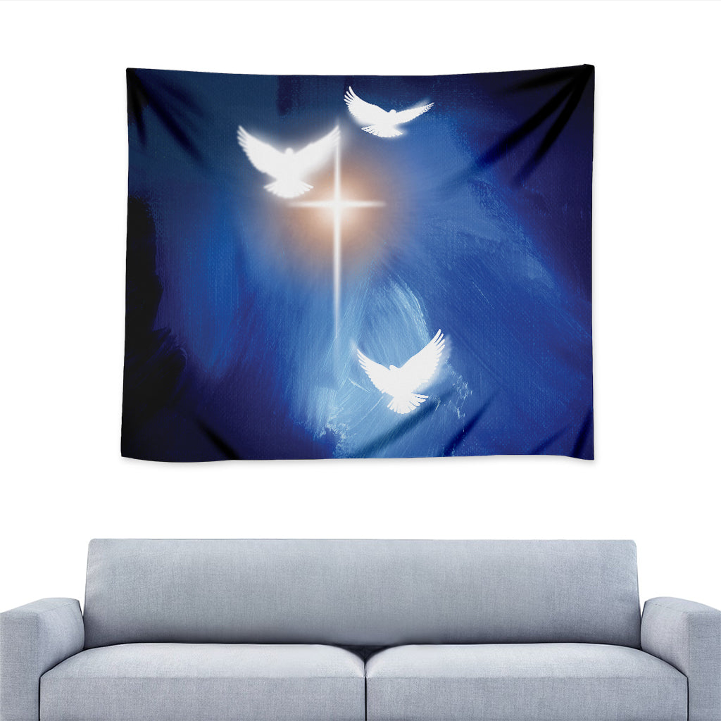 Christian Cross And White Doves Print Tapestry