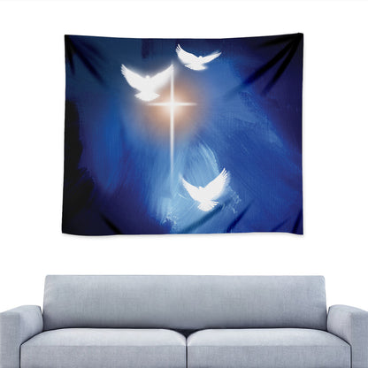 Christian Cross And White Doves Print Tapestry