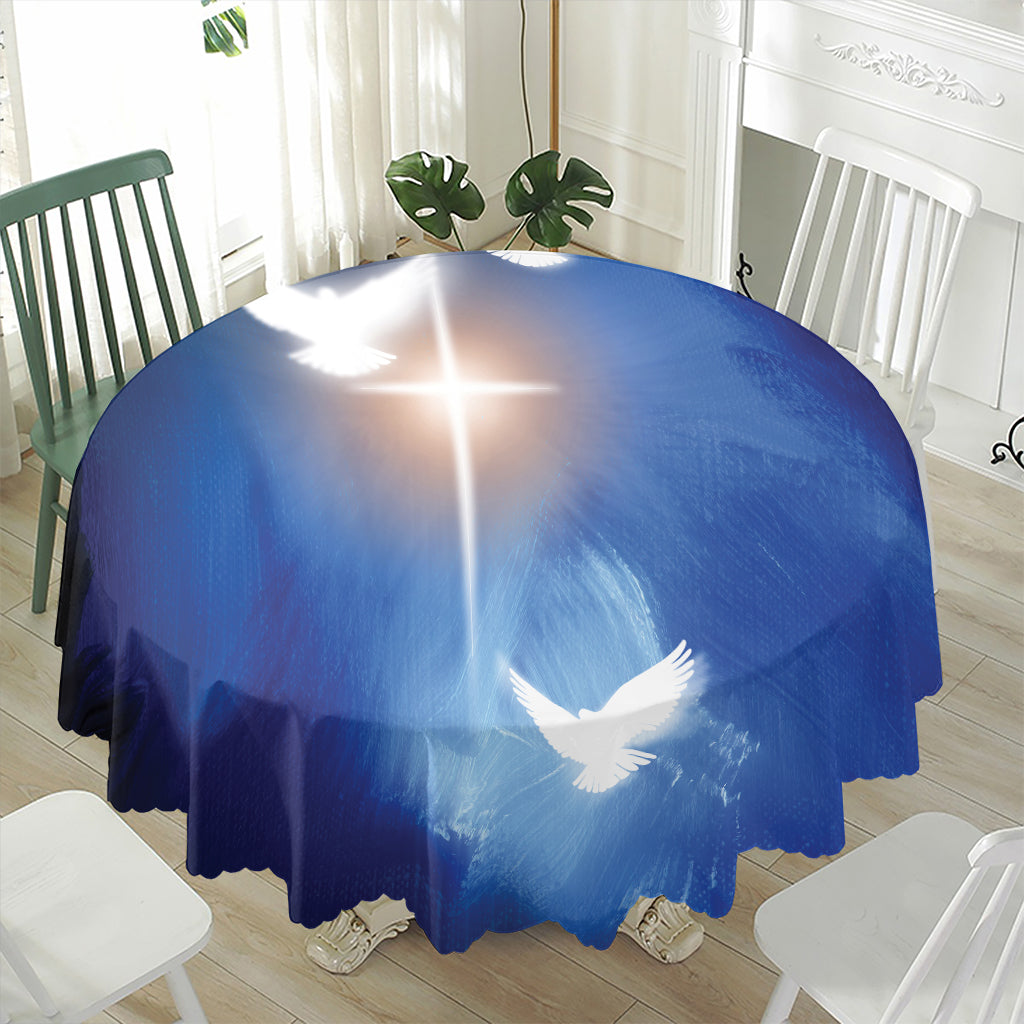 Christian Cross And White Doves Print Waterproof Round Tablecloth