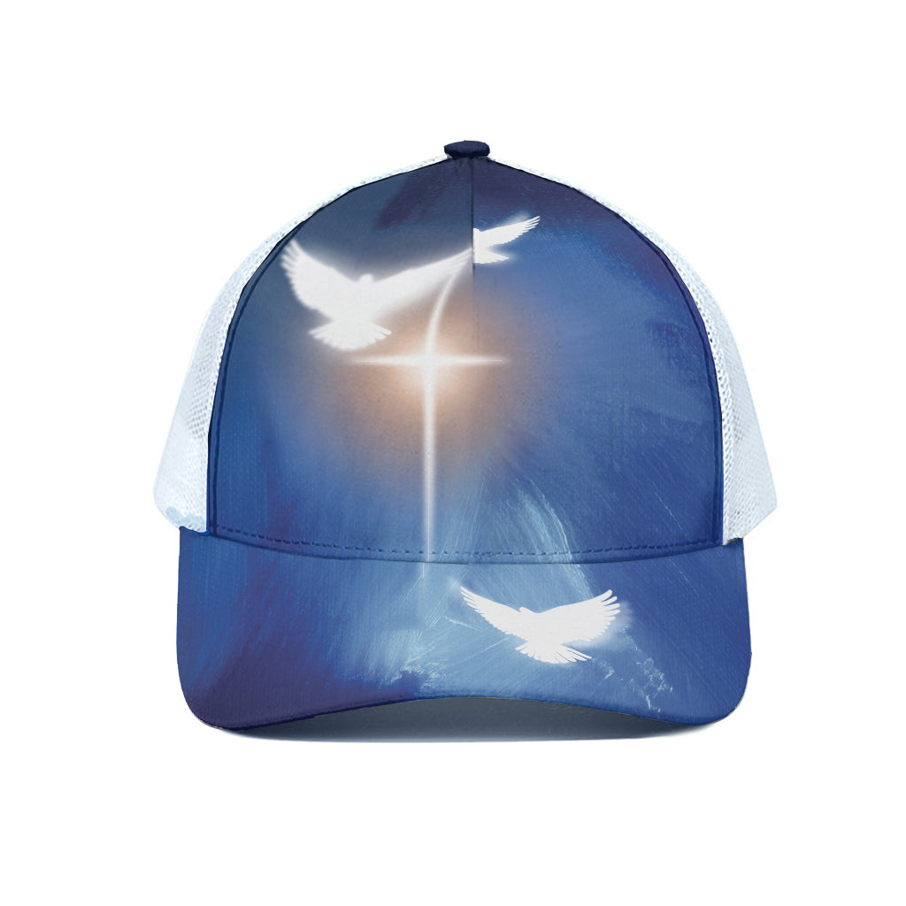 Christian Cross And White Doves Print White Mesh Trucker Cap