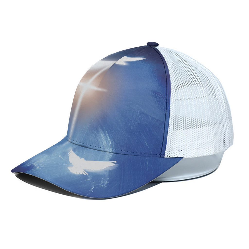 Christian Cross And White Doves Print White Mesh Trucker Cap