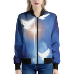 Christian Cross And White Doves Print Women's Bomber Jacket