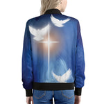 Christian Cross And White Doves Print Women's Bomber Jacket